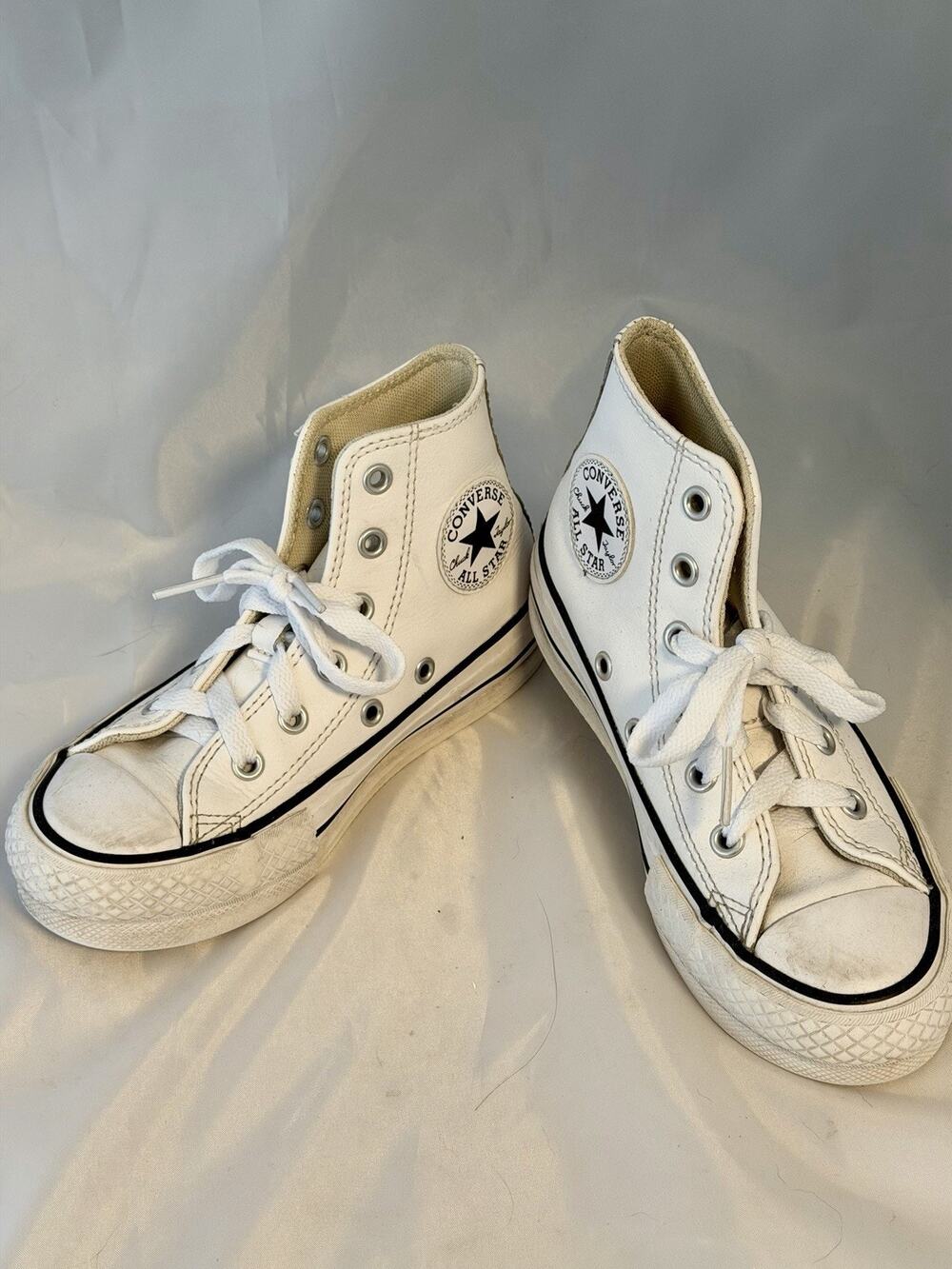 White Leather Platform Converse Trainers Youth Size 12 Hi Tops All Stars